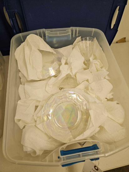 Tote of glassware