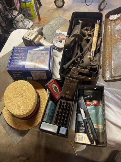 Vintage Peerless Toolbox, Tobacco Tins, Manifold Gauge Set, Pneumatic Impact, Punch Set