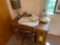 Knee hole desk, lamps, misc stationary contents