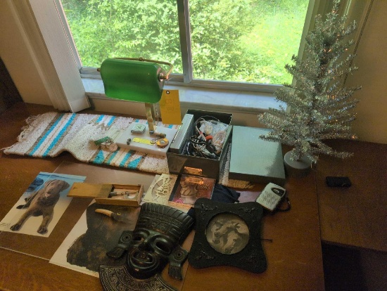 Arts and crafts frame, caliper, desk lamp and electronics