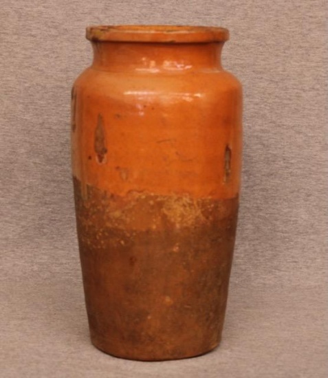 Tall Redware Storage Jar with Partial Glaze  10"