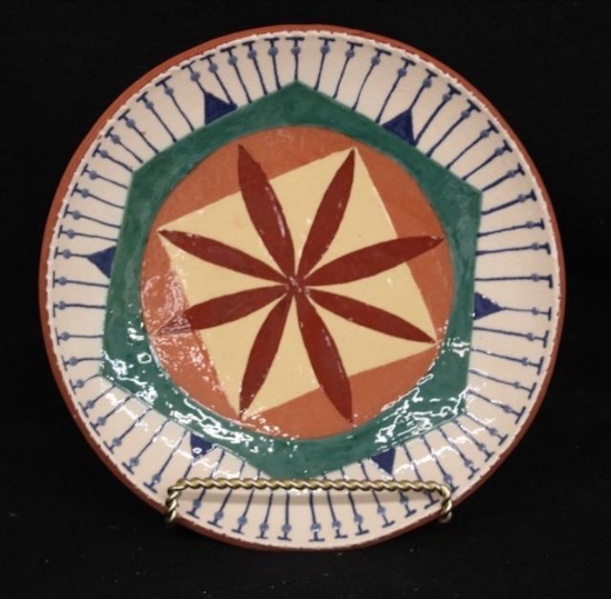 Contemporary Redware Plate  Geometric Starburst Quilt Pattern