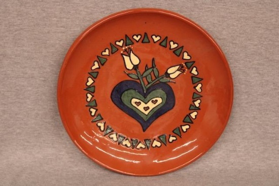 Contemporary Redware Plate  Folk Heart and Tulip Design