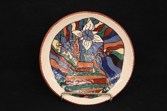 Contemporary Redware Plate  Abstract Floral Multicolor Design