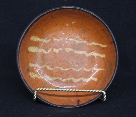 7 in. Redware Plate with Yellow Slip Decoration