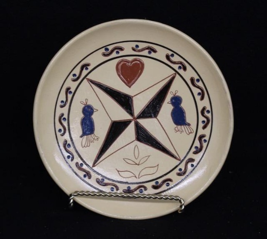 Contemporary Redware Plate  Hex Sign Motif with Birds and Heart