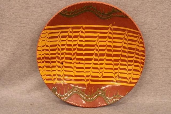 Contemporary Redware Plate  Yellow and Green Combed Slip