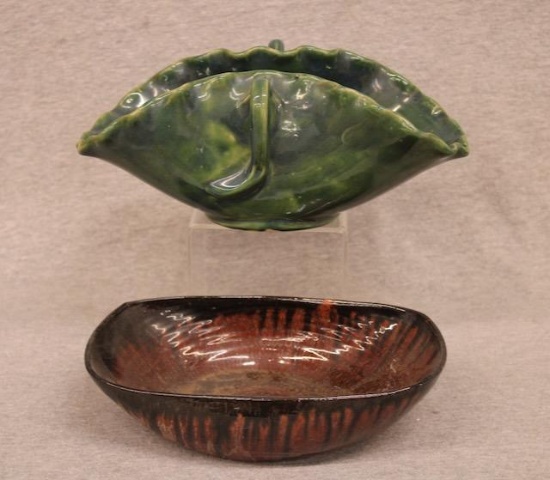 Basket-form green bowl & Redware Bowl marked A.R. Cole Pottery