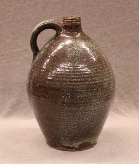 Salt-Glazed Stoneware Jug with Threaded Spout and Strap Handle