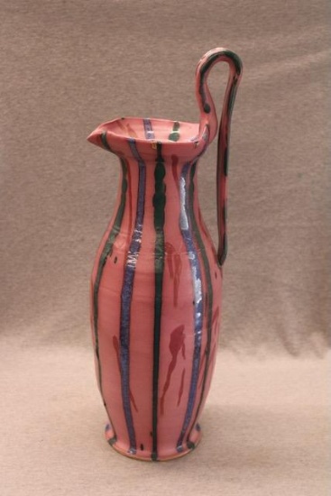 Tall Eccentric Art Pottery Pitcher with Striped Glaze