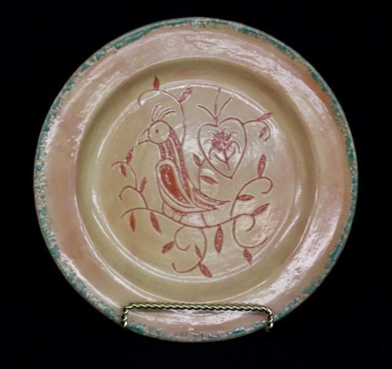 Folk Art Redware Plate with Bird and Tulip