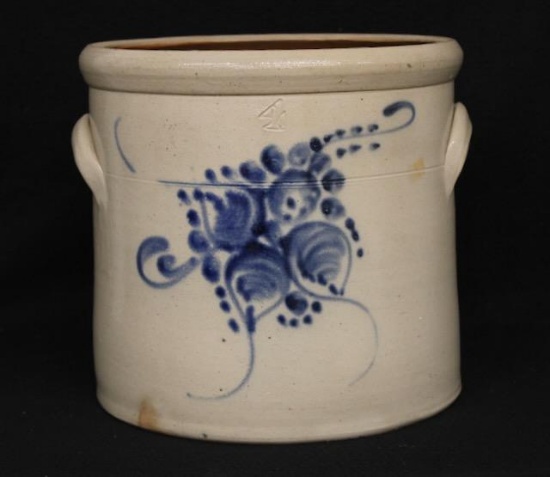 4-Gallon Stoneware Crock with Cobalt Floral Decoration