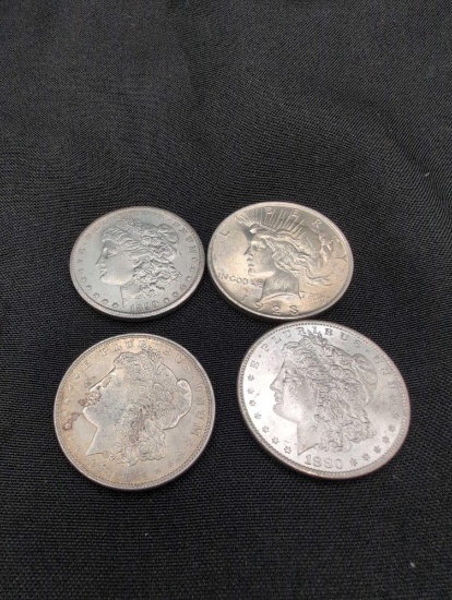 (4) Morgan 1889o, 1921, 1880, 1923 Peace Silver Dollars Gem BU