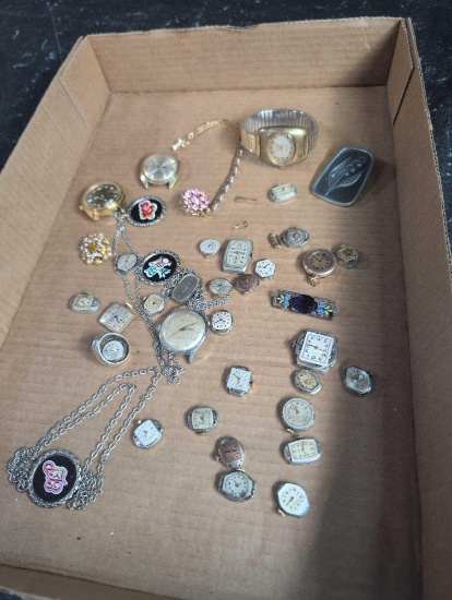 Box lot of vintage wrist watch components, works, jewelry