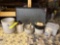 Stone ware jug, and crocks, antique drying rack, tinbox