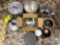 assortment of pots, tea kettle tins, stoneware, glasses