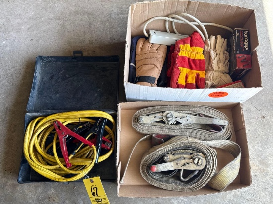 Jumper cables, ratchet straps, hand grips, gloves