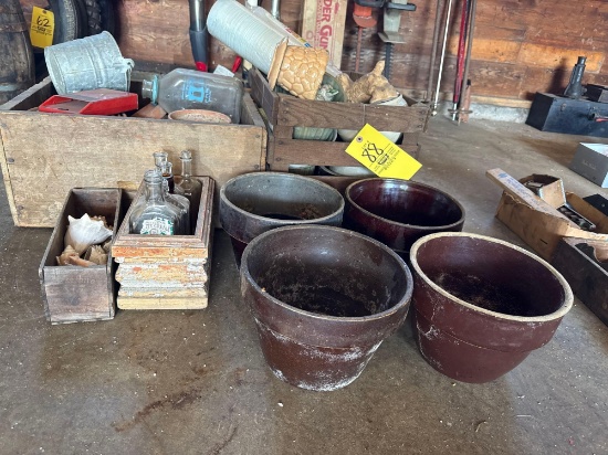 Stoneware pots, glass bottles, old wood crates, planting pots garden decor
