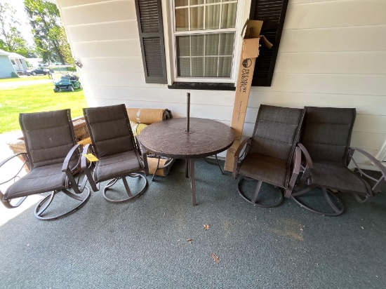 patio table set, 4 chairs, umbrella, table