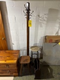 coat rack, 2 stools and a magazine rack
