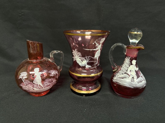 Cranberry Mary Gregory Cruets & Vase 3 pcs.
