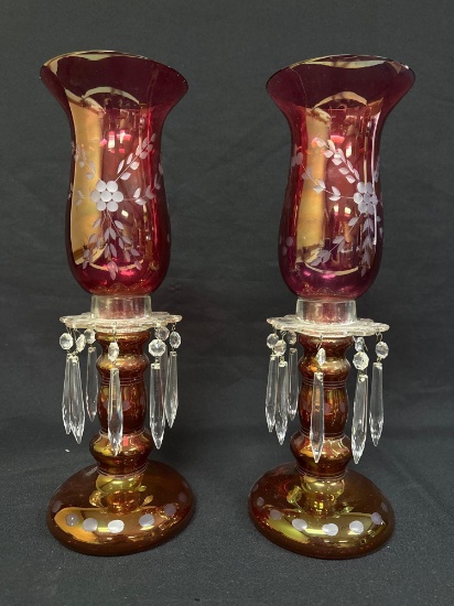 Cranberry Glass & Prism Mantle Lusters