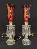 Ruby Flash Cranberry Glass & Prism Electric Lusters Mantle Lamps