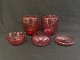 Cranberry Glass Vases, Small Dishes