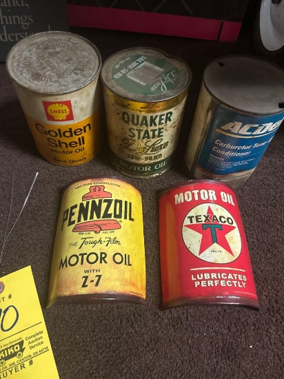 Oil advertising, cans and bookends