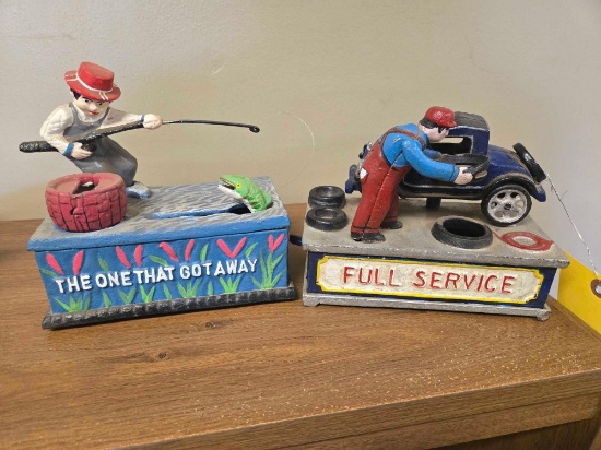 2 Repop Cast Iron Banks " The one that got away" & " Full Service"