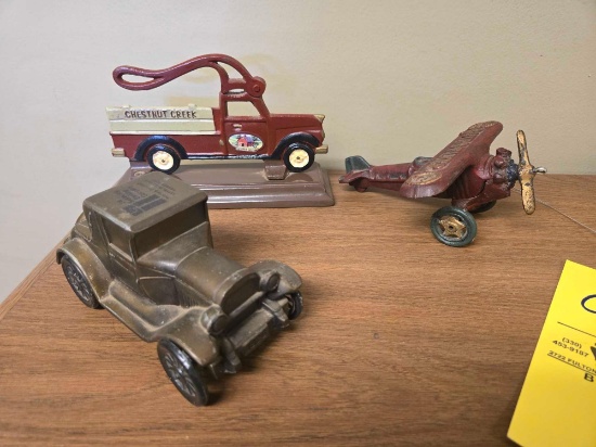 Cast Iron Boyds Flyer, Cast Iron Chestnut Creek Nut Cracker, Twinsburg Banking Car Bank