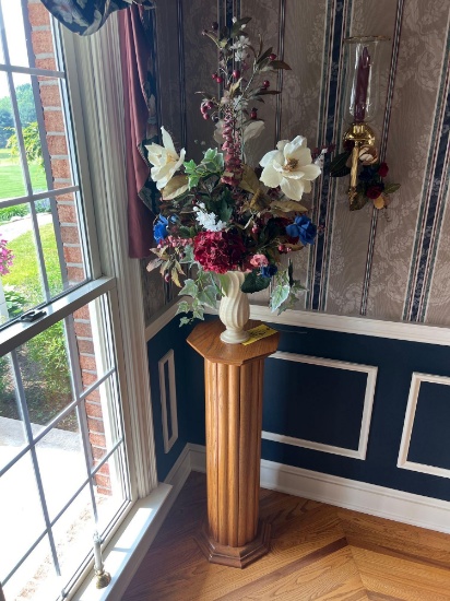 Oak Plant Stand with Artificial Flowers and Vase