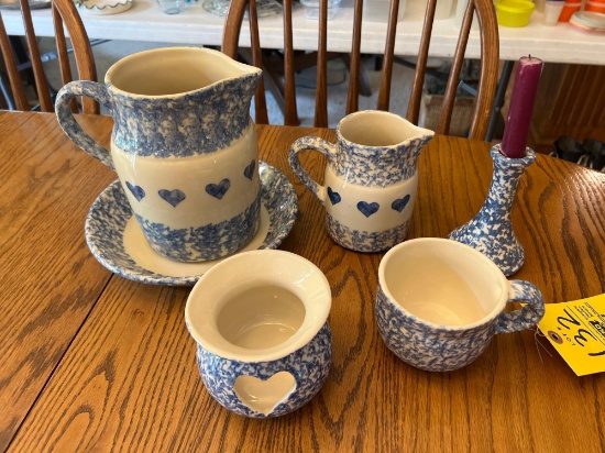 Spongeware Pitchers, Bowl, Mug, Candlestick Holder