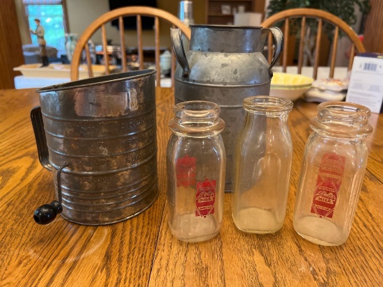 Vintage Milk Bottles and Flour Sifter