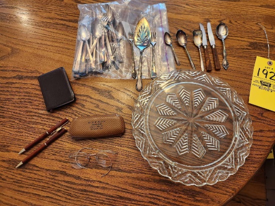 Vintage Eye Glasses, Flatware, Glass Serving Plate, Fountain Pens, Pocket Bible