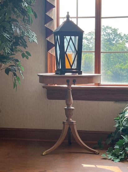 Vintage Round Top Side Table with Modern Lantern