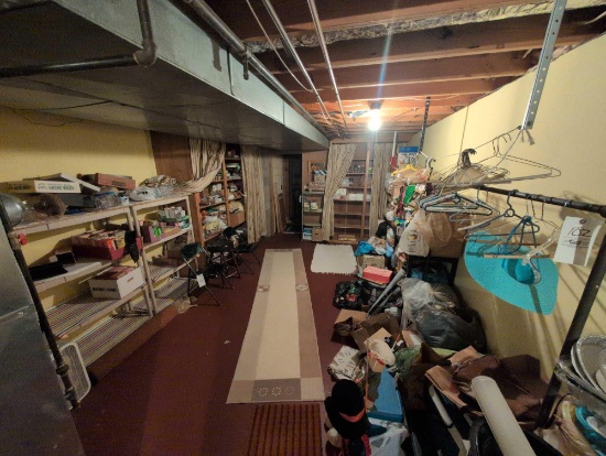 Large lot of assorted Kitchenware, light bulbs, garment rack, plastic shelves, folding chairs and