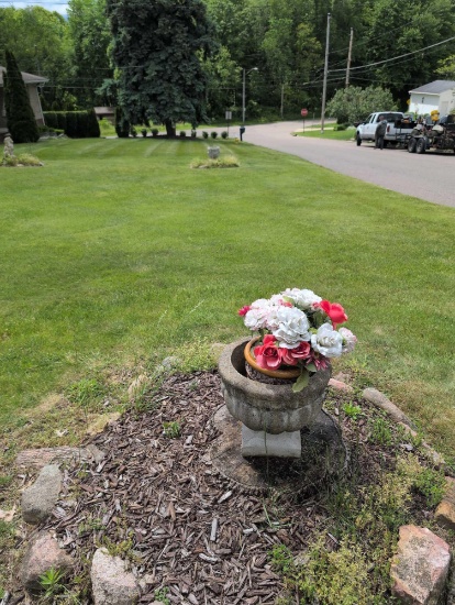 3 assorted cement planter urns