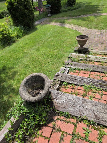 Group of assorted cement and fiberglass planters and decor, see photos