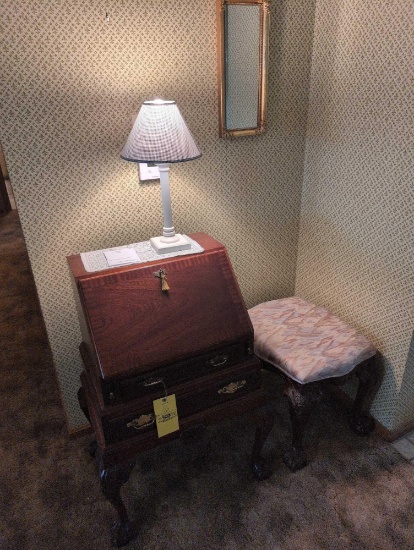 Modern slant front writing desk with claw feet, stool, lamp and mirror