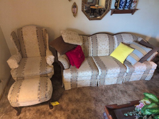 Pem Kay 3 cushion sofa with matching queen Ann arm chair and stool