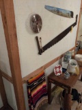 Primitive wall decor, Saws, Scythe, Sears and Roebuck clock, South West blanket