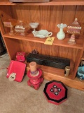 Fenton, assorted glassware, Oriental lift top box and decor