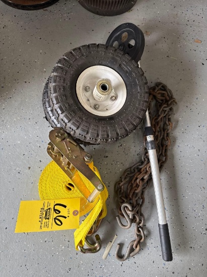chain, nice ratchet strap , tires, measure tool