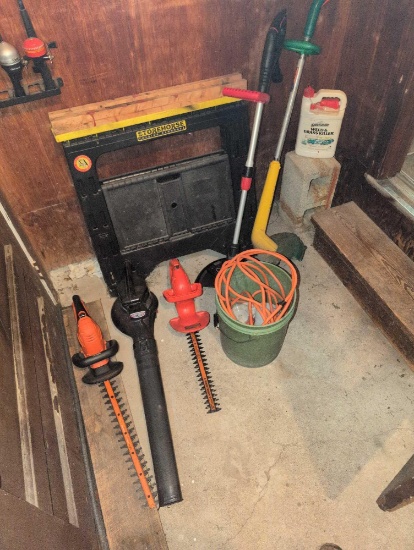 Electric hedge trimmers, weed whips, saw horses and dirt devil