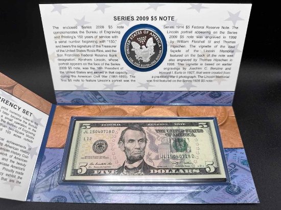 Making American History Coin and Currency set, 2012s American Eagle Silver Proof coin & 2009 $5 note