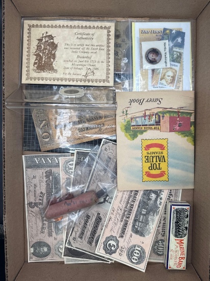 Collectors grouping of Lincoln head cents, coins, tokens, stamps, harmonica, reproduction