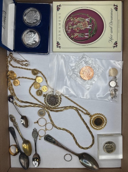 Wonderful collection of collectors spoons replica coins, and jewelry