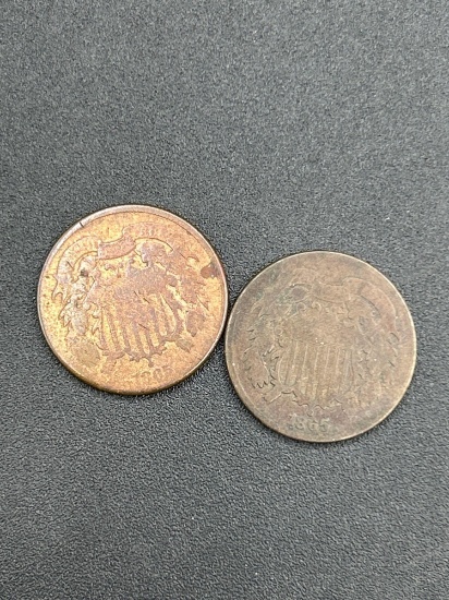 (2) 1865 2 cent pieces
