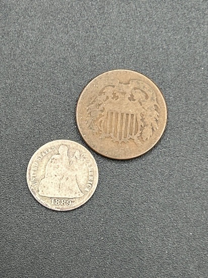 1889-s 10 cent and 1864 2 cent pieces